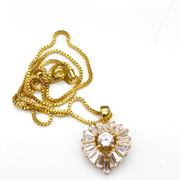 Glowing Heart CZ Pendant Necklace, Gold Tone Setting and Box Chain, Chaton Cubic - Picture 2 of 5